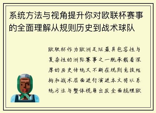 系统方法与视角提升你对欧联杯赛事的全面理解从规则历史到战术球队